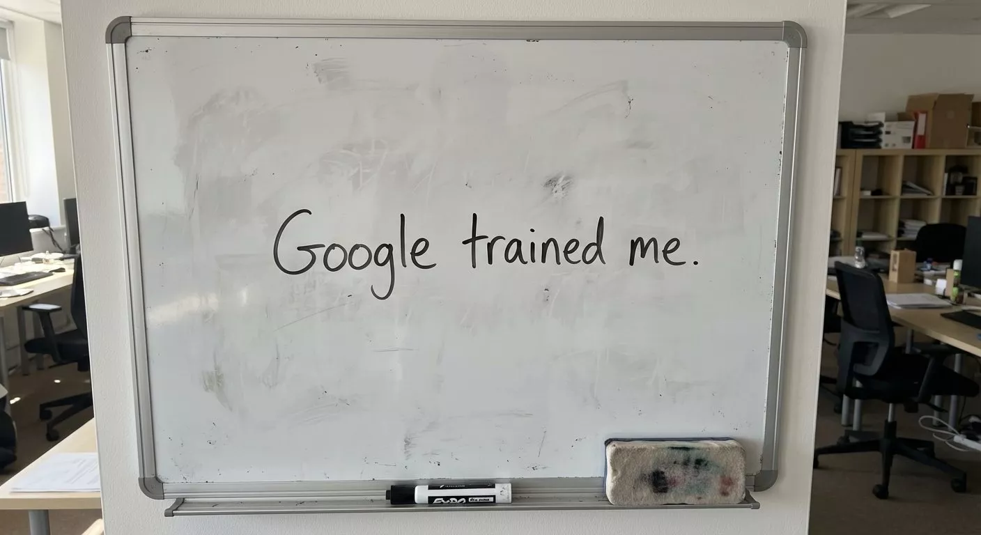 Nano Banana 2 generated Photorealistic Scene - Office whiteboard with handwritten "Google trained me", realistic workspace